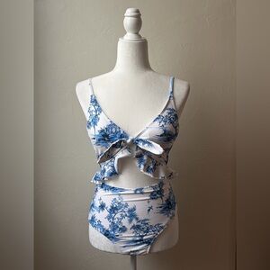 Lands’ End Blue White Toile Cutout One Piece Swimsuit Tie Front XS 2-4